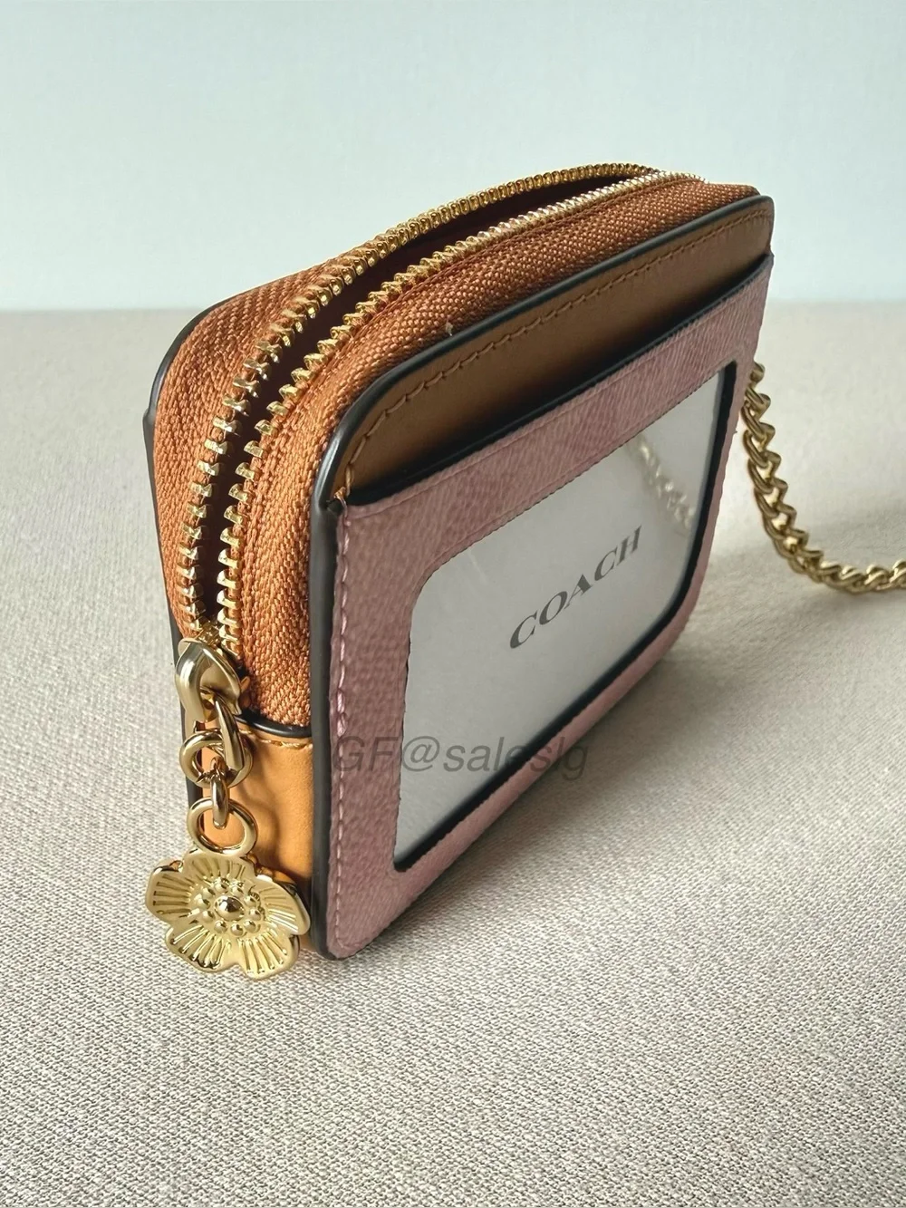 NWT Coach Powder Pink Zip Card Case Wallet Charm Signature Canvas CEC50